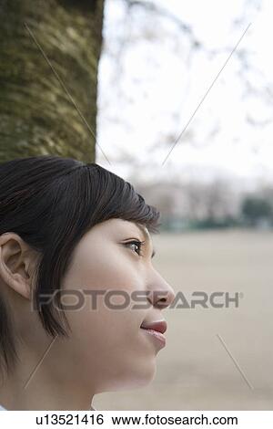 Woman leaning on a tree trunk, side view, close up, Japan View Large Photo Image Stock Photograph - Woman leaning on a tree trunk, side view, close up, Japan. Fotosearch