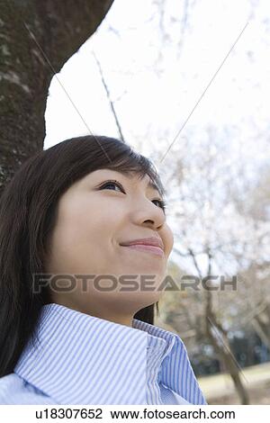 Woman smiling and leaning on a tree trunk, low angle view, side view, Japan View Large Photo Image Stock Image - Woman smiling and leaning on a tree trunk, low angle view, side view, Japan. Fotosearch
