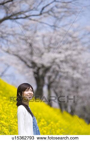 Woman smiling and standing in rape field, side view, Japan View Large Photo Image Stock Image - Woman smiling and standing in rape field, side view, Japan. Fotosearch