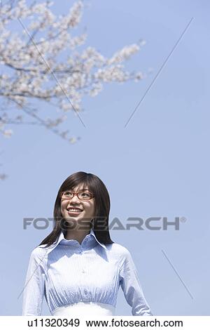 Stock Photo - Woman smiling and standing under the cherry tree, front view, low angle view, blue background, Japan. Fotosearch