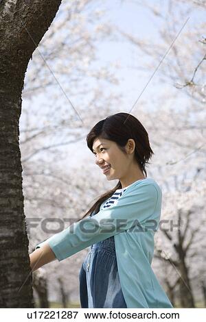 Stock Photo - Woman standing under the cherry tree, side view, Japan. Fotosearch