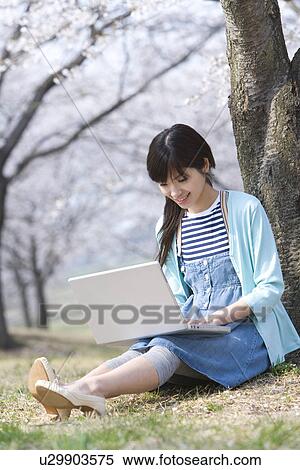 Stock Photography - Woman using a laptop under the cherry tree, side view, Japan. Fotosearch
