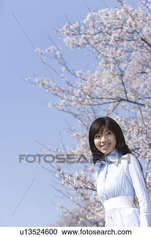 Stock Image - Young Woman and Cherry Blossom, Low Angle View. Fotosearch
