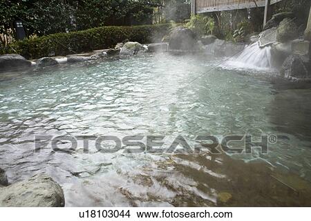 Japanese common tub, hot spring, high angle view, Japan View Large Photo Image Picture - Japanese common tub, hot spring, high angle view, Japan. Fotosearch