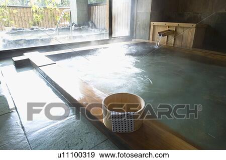 Stock Photo - Japanese common tub, hot spring, high angle view, Japan. Fotosearch