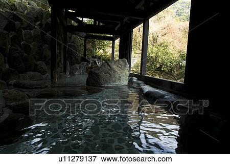 Stock Photo - Japanese common tub, hot spring, high angle view, Japan. Fotosearch