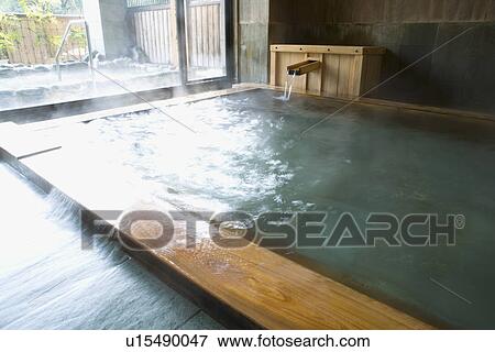 Stock Photo - Japanese common tub, hot spring, high angle view, Japan. Fotosearch