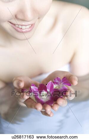 Stock Image - Woman in hot tub holding flower heads, high angle view, close up, Japan. Fotosearch