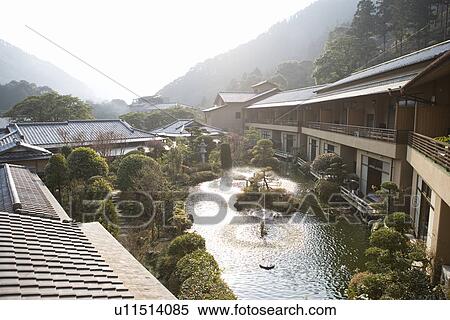 Stock Photography - Over View of a Japanese Style Hotel and the Garden, High Angle View. Fotosearch