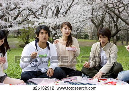 Young people enjoying lunch surrounded with cherry blossoms, front view, Japan View Large Photo Image Stock Image - Young people enjoying lunch surrounded with cherry blossoms, front view, Japan. Fotosearch
