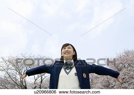 High School Girl Spreading Arms, Cherry Blossoms in the Background View Large Photo Image Stock Photograph - High School Girl Spreading Arms, Cherry Blossoms in the Background. Fotosearch