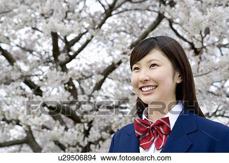 Picture - High School Student Under Cherry Blossoms. Fotosearch