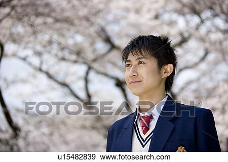Stock Photo - High School Student Under The Cherry Blossoms, Differential Focus. Fotosearch