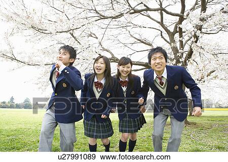 Stock Photo - High School Students Ready to Run Under Cherry Blossoms. Fotosearch