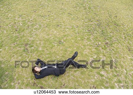 Businessman Lying on Grass, High angle View View Large Photo Image Stock Image - Businessman Lying on Grass, High angle View. Fotosearch
