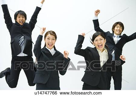 Stock Photograph - Businessmen and Businesswomen Jumping Up, Waist Up, Front View. Fotosearch