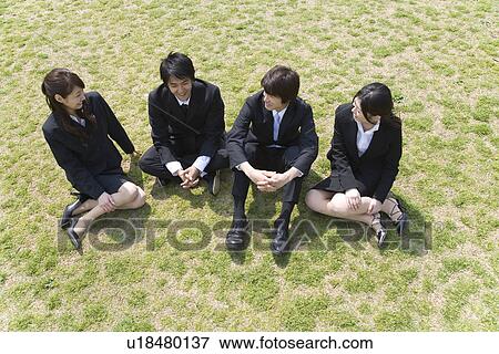 Stock Photo - Businessmen and Businesswomen Sitting On Grass, High Angle View, Full Length. Fotosearch