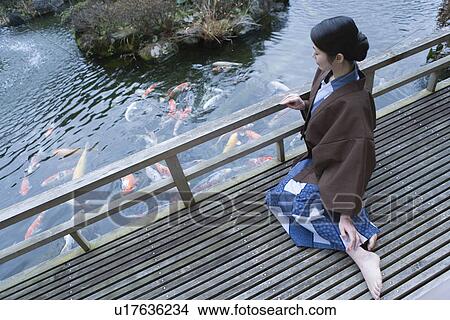 Picture - Woman in Yukata looking at the carps in pond, high angle view, Japan. Fotosearch