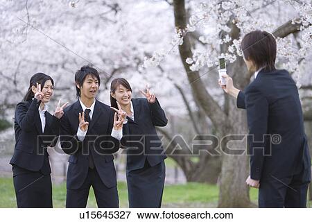 Businessman Taking a Picture of Co-workers Under Cherry Trees, Three Quarter Length, Side View View Large Photo Image Stock Photo - Businessman Taking a Picture of Co-workers Under Cherry Trees, Three Quarter Length, Side View. Fotosearch