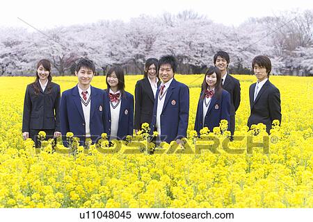 Stock Photography - Students and New Business People in the Rape Field, Front View, Waist Up. Fotosearch