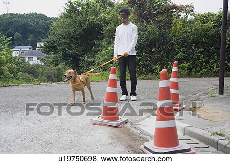 Stock Photo - Young man walking with guide dog. Fotosearch