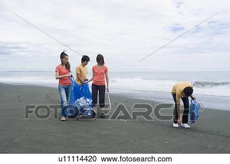 Young people cleaning beach View Large Photo Image Stock Image - Young people cleaning beach. Fotosearch
