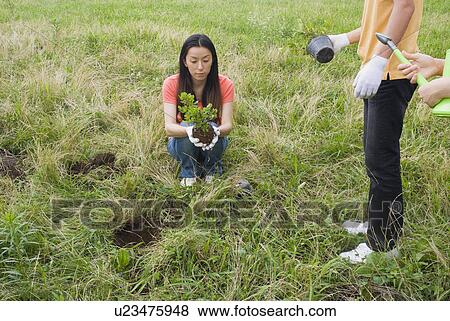 Stock Photo - Young people planting tree. Fotosearch