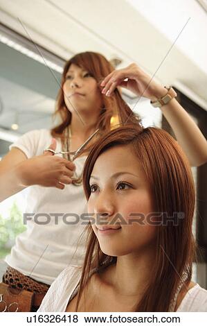 Stock Photo - Hairdresser cutting woman's hair. Fotosearch