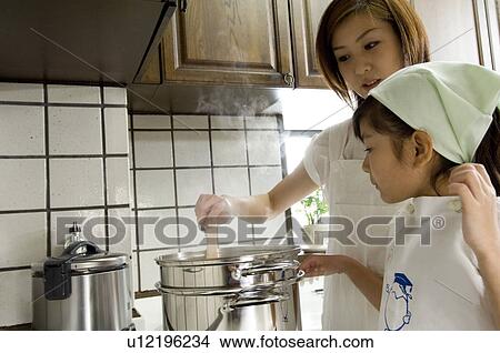 Picture - Mother and daughter cooking in kitchen. Fotosearch