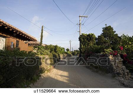 Picture - Street in Taketomi Island, Okinawa, Japan. Fotosearch