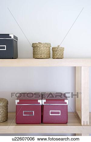 Baskets and boxes on shelf View Large Photo Image Stock Photograph - Baskets and boxes on shelf. Fotosearch