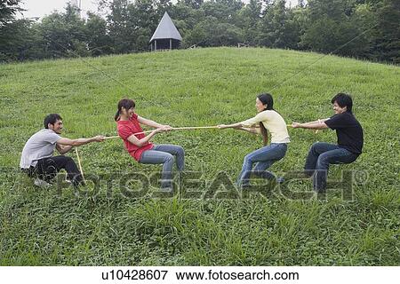 Four people pulling rope View Large Photo Image Stock Photo - Four people pulling rope. Fotosearch