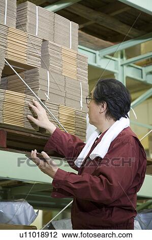Stock Image - Senior worker checking cardboards. Fotosearch