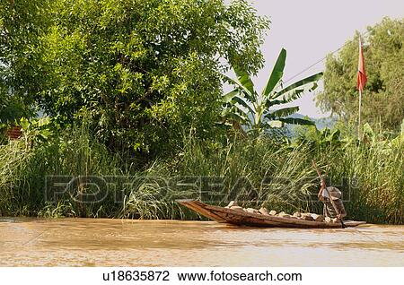 Stock Image - Row boat at edge of Inle Lake. Fotosearch