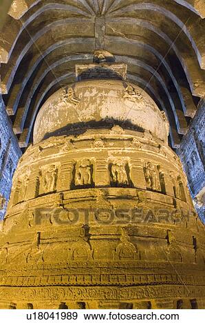 Stock Photo - Carvings on a stone structure, Ajanta, Maharashtra, India. Fotosearch