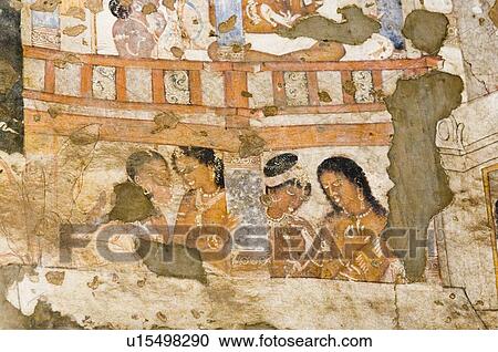 Stock Image - Close-up of a mural in a cave, Ajanta, Maharashtra, India. Fotosearch