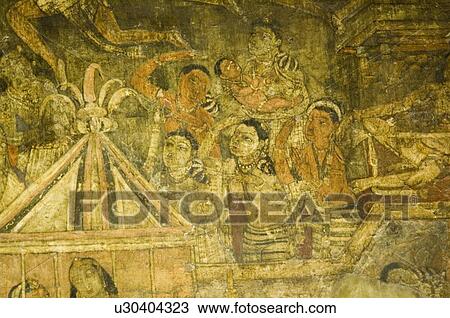 Stock Image - Close-up of a mural in a cave, Ajanta, Maharashtra, India. Fotosearch