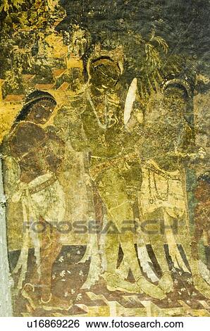 Stock Photograph - Close-up of a mural in a cave, Ajanta, Maharashtra, India. Fotosearch