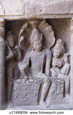 Picture - Close-up of a statue in a cave, Ajanta, Maharashtra, India. Fotosearch