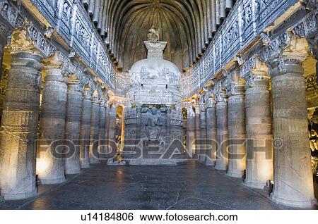 Stock Photograph - Columns in a cave, Ajanta, Maharashtra, India. Fotosearch