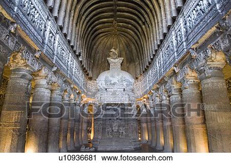 Stock Image - Interiors of a cave, Ajanta, Maharashtra, India. Fotosearch