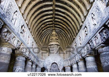 Stock Photograph - Interiors of a cave, Ajanta, Maharashtra, India. Fotosearch