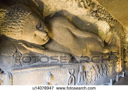 Stock Photo - Statue of Reclining Buddha in a cave, Ajanta, Maharashtra, India. Fotosearch