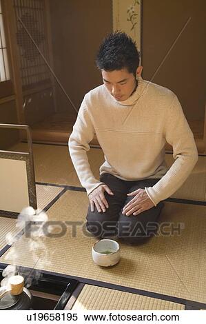 Man attending Japanese tea ceremony, front view, high angle view, Japan View Large Photo Image Stock Photography - Man attending Japanese tea ceremony, front view, high angle view, Japan. Fotosearch