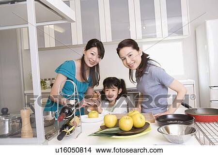Picture - Family cooking in kitchen. Fotosearch