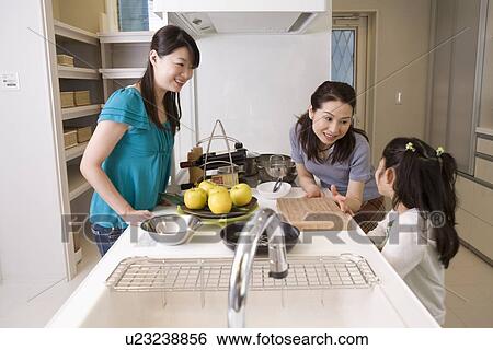 Stock Photograph - Family cooking in kitchen. Fotosearch