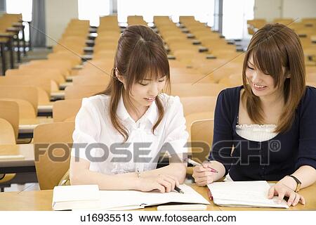 Two young women studying at college View Large Photo Image Stock Image - Two young women studying at college. Fotosearch