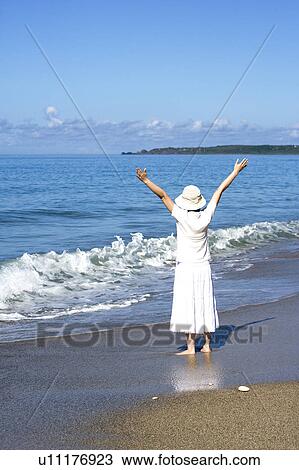 A woman standing on sand, watching the sea with arms outstretched View Large Photo Image Stock Image - A woman standing on sand, watching the sea with arms outstretched. Fotosearch