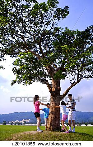 Stock Photography - Young family with two children holding hands together around a tall tree. Fotosearch