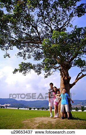 Stock Photo - Young family with two children playing under a tall tree, looking at the camera together. Fotosearch